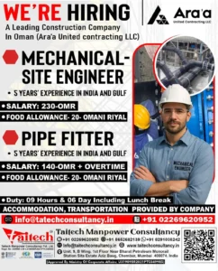 Mechanical Engineer and Pipe Fitter Job Openings in Oman – Taitech Consultancy Recruitment Poster