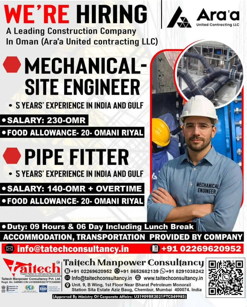 Mechanical Engineer and Pipe Fitter Job Openings in Oman – Taitech Consultancy Recruitment Poster