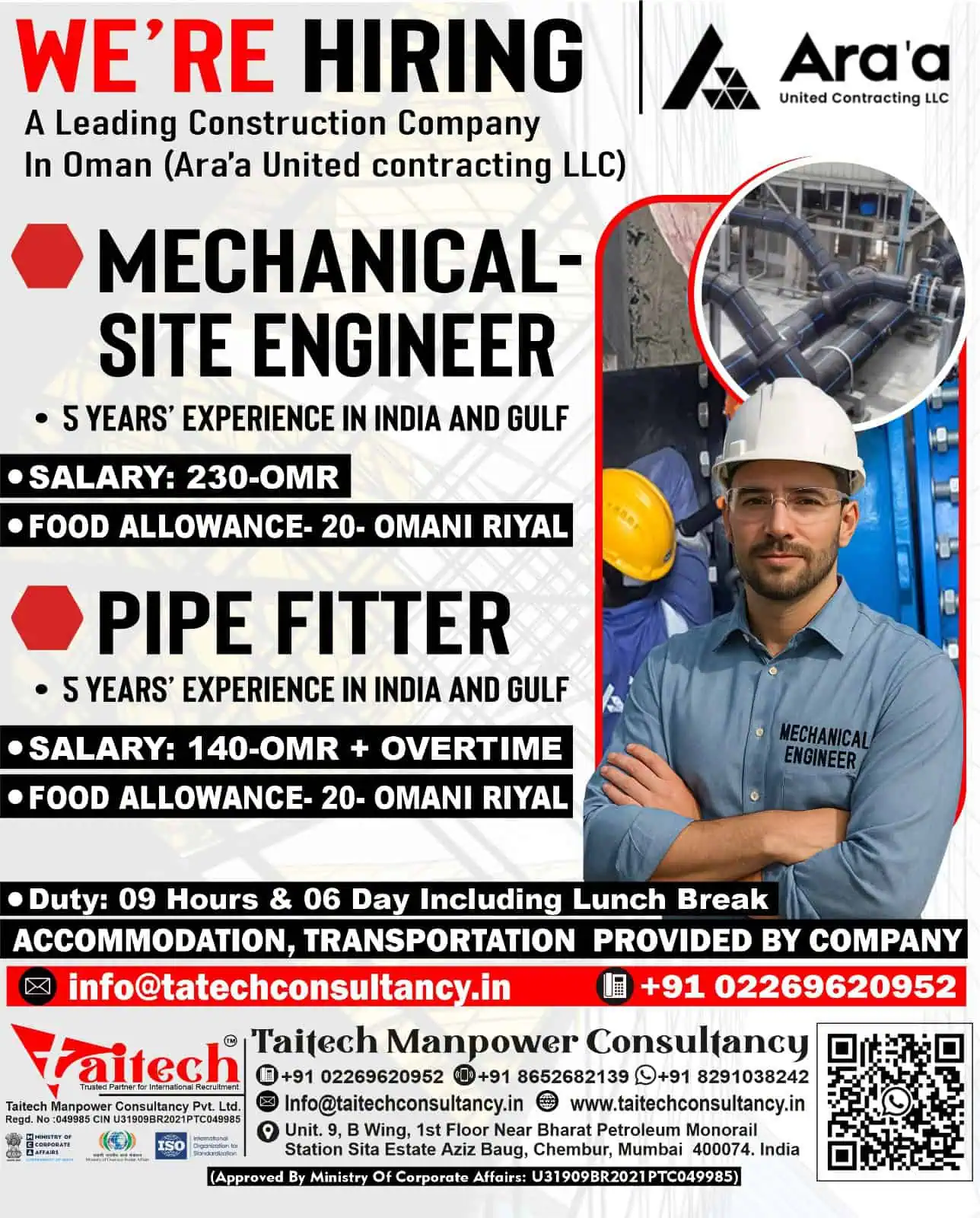 Mechanical Engineer and Pipe Fitter Job Openings in Oman – Taitech Consultancy Recruitment Poster
