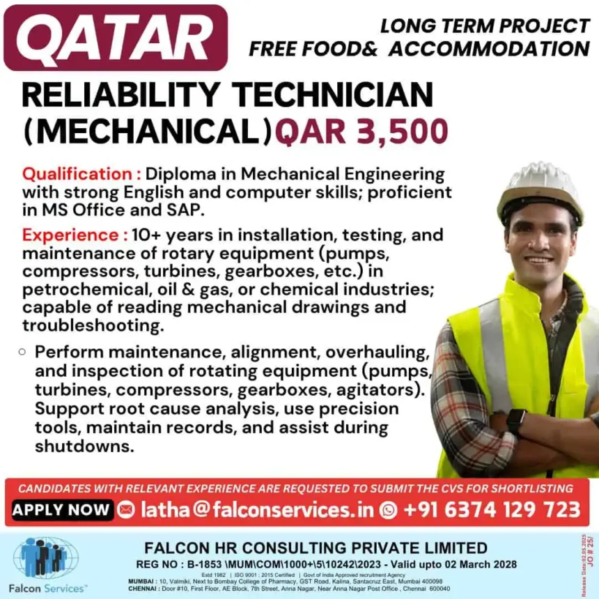 Mechanical Reliability Technician vacancy in Qatar with salary, free food, and accommodation.