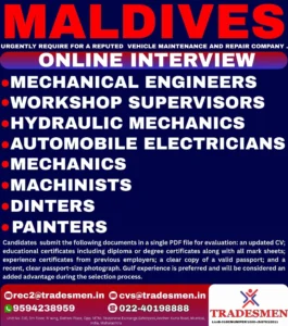 Mechanical engineer and workshop supervisor jobs in Maldives – Apply now