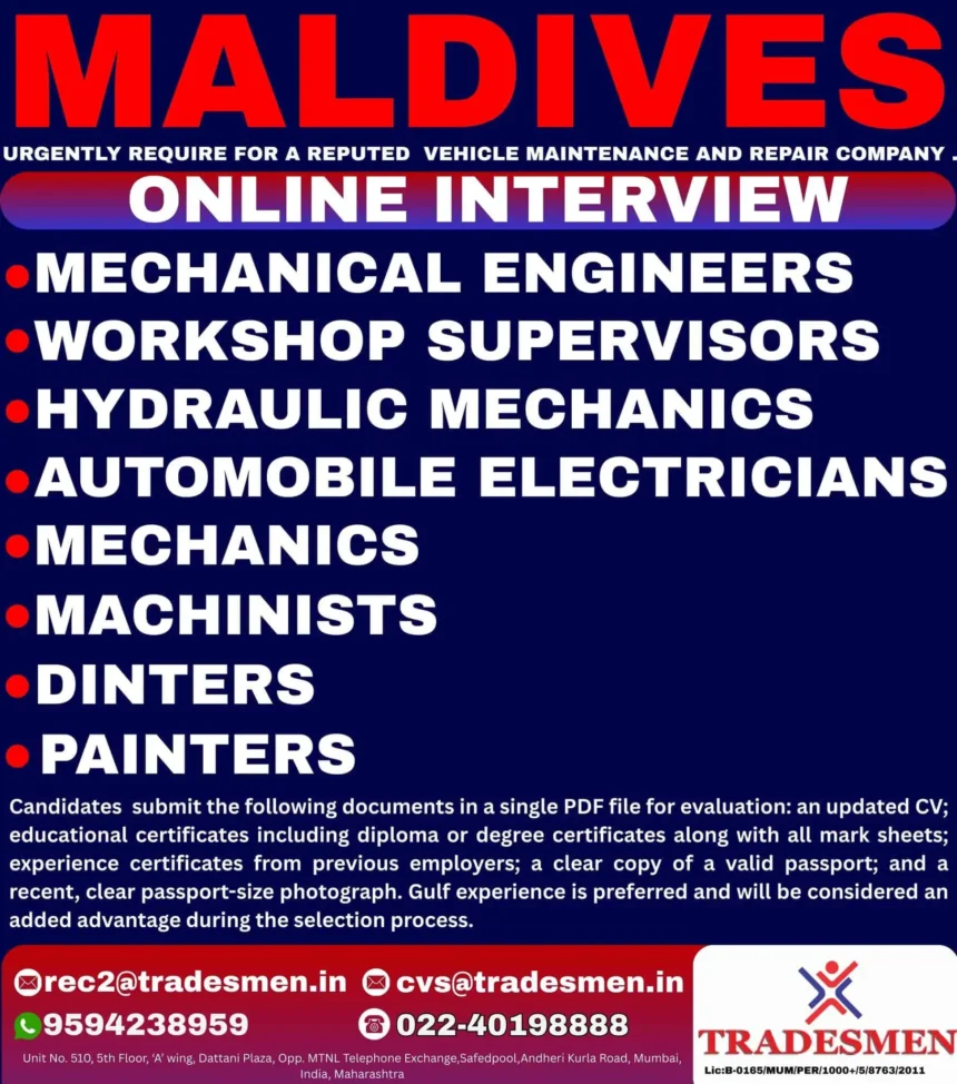Mechanical engineer and workshop supervisor jobs in Maldives – Apply now