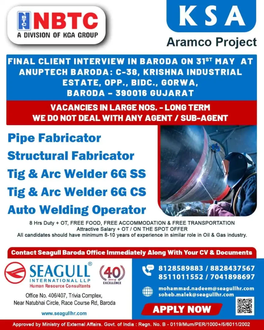 NBTC Aramco Project Job Recruitment Poster for Walk-In Interview in Baroda on 31st May