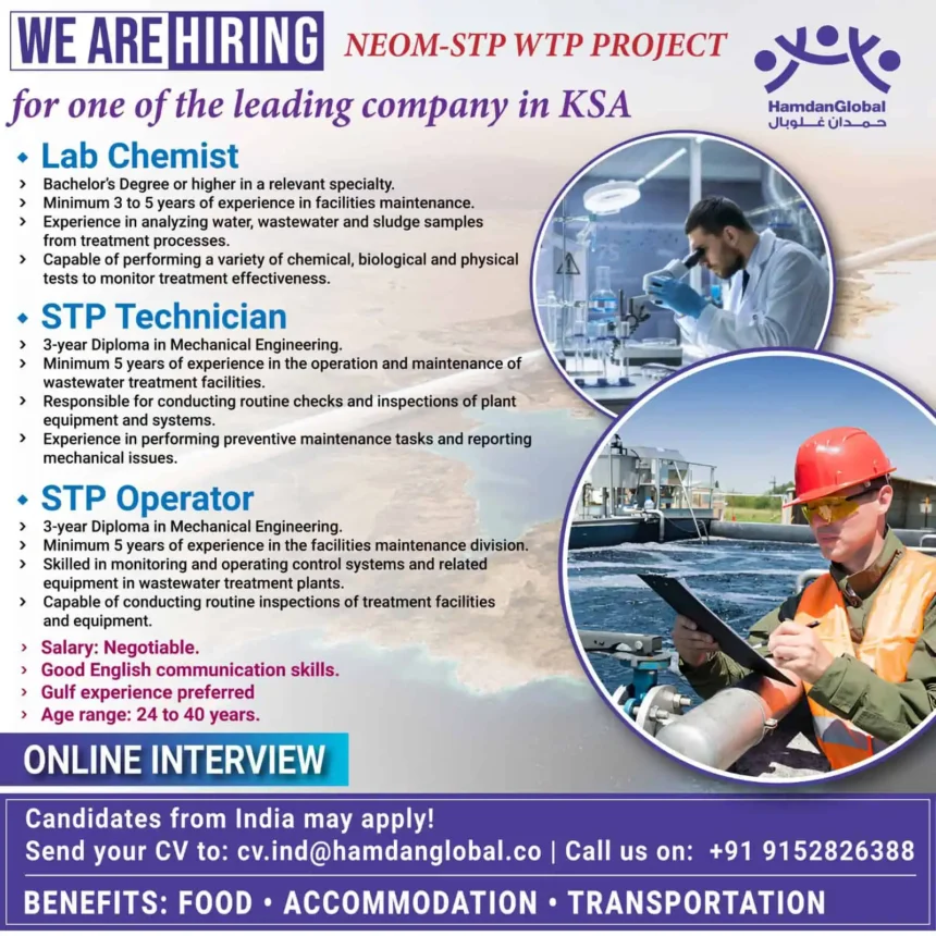 NEOM-STP WTP job vacancies in Saudi Arabia for Indian candidates – Lab Chemist, STP Technician, STP Operator roles with benefits.