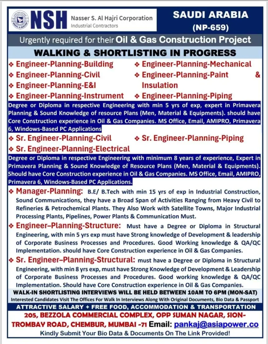 NSH Saudi Arabia Oil & Gas Construction Jobs Walk-In Interview Poster