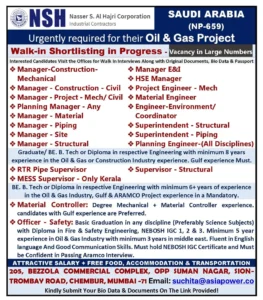 NSH Saudi Arabia Oil and Gas Project Hiring Walk-in Interview Notice 2025
