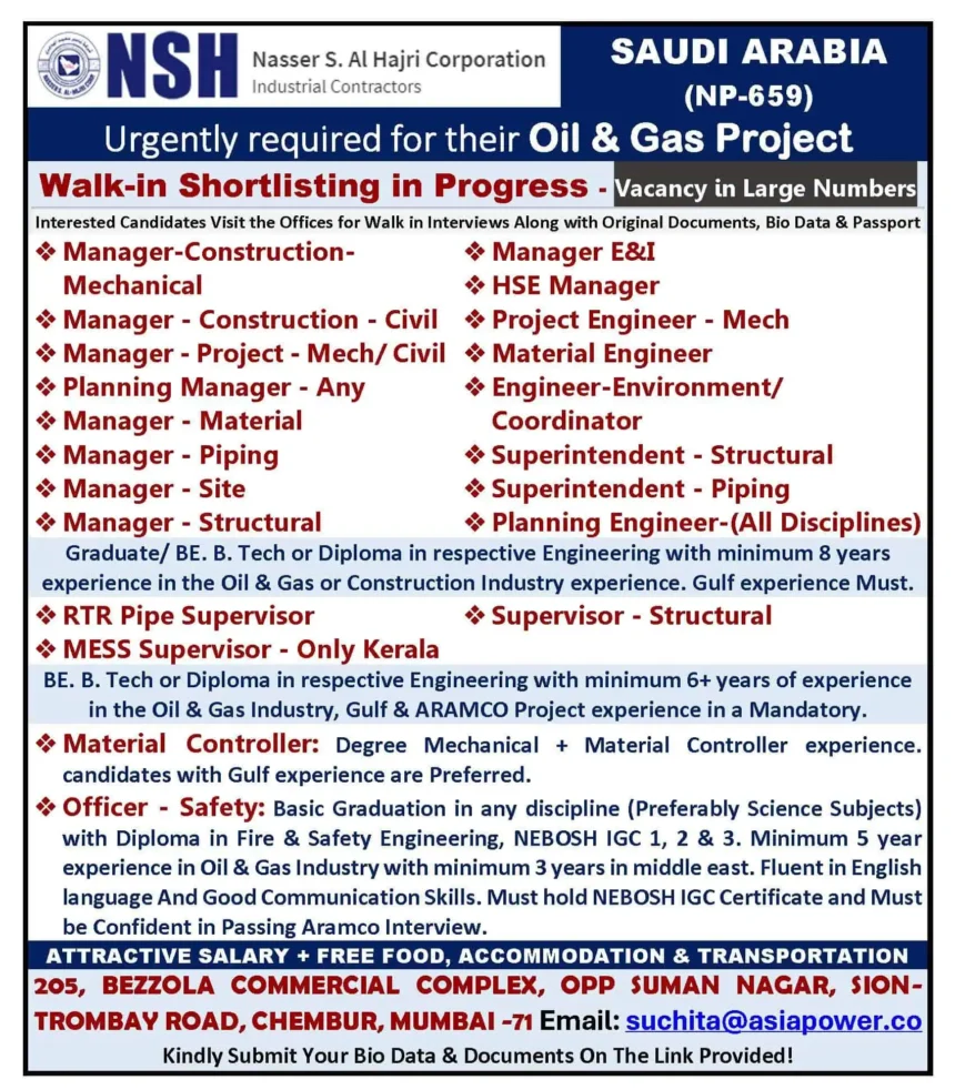 NSH Saudi Arabia Oil and Gas Project Hiring Walk-in Interview Notice 2025