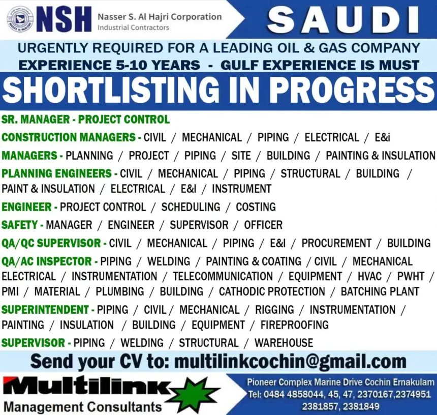 NSH Saudi oil and gas jobs 2025 recruitment poster – Gulf experience required