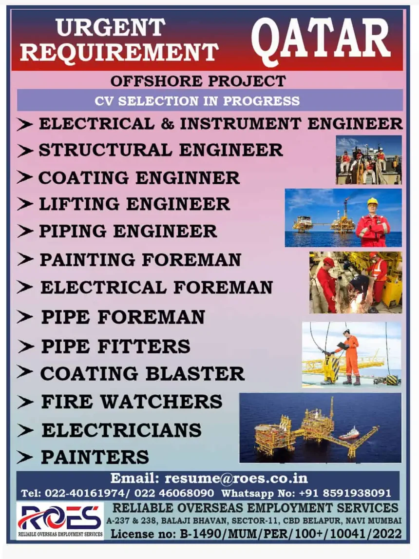 Offshore job vacancies in Qatar for engineers, foremen, and technicians by Reliable Overseas Employment Services