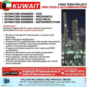 Oil and Gas Estimation Engineer Jobs in Kuwait – Civil, Mechanical, Electrical, Instrumentation Openings