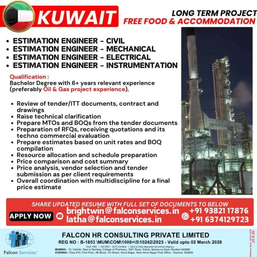 Oil and Gas Estimation Engineer Jobs in Kuwait – Civil, Mechanical, Electrical, Instrumentation Openings