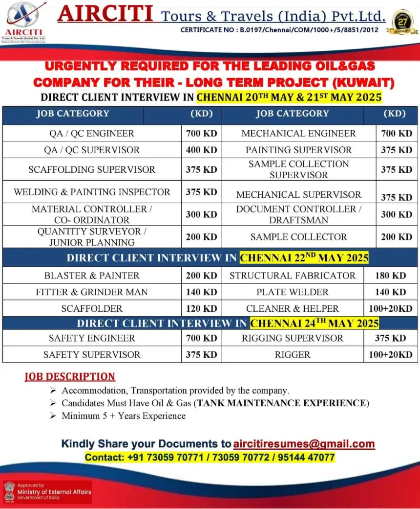 Oil and Gas Job Openings in Kuwait – Chennai Interview May 2025 | AIRCTI Tours & Travels Hiring Notice
