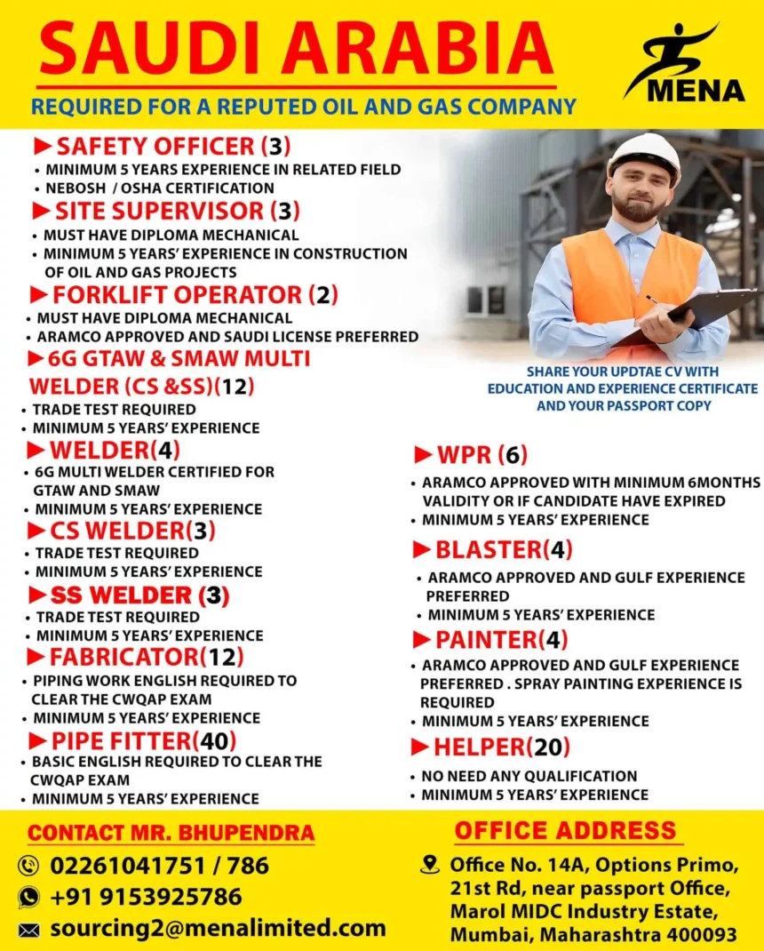 Oil and Gas Job Vacancies in Saudi Arabia 2025 – Safety Officers, Welders, Supervisors Required