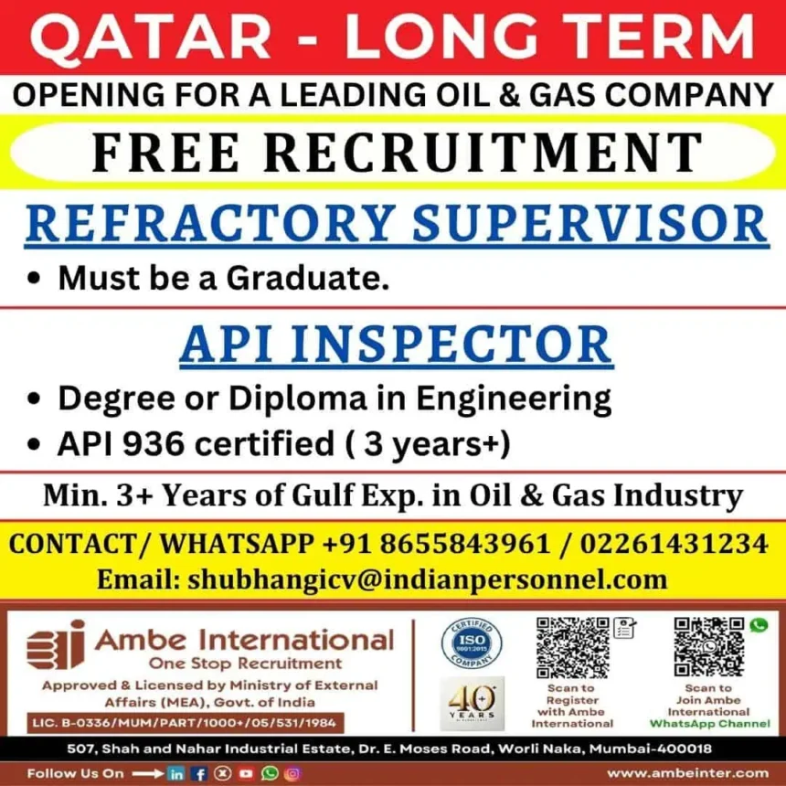 Oil and Gas Jobs Qatar - Refractory Supervisor and API Inspector Recruitment Poster by Ambe International