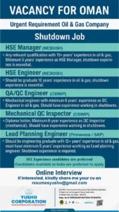 Oil and Gas Shutdown Job Vacancies in Oman for HSE, QAQC, Planning Roles – 2025