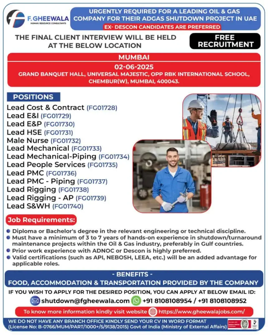 Oil and Gas Shutdown Jobs UAE 2025 – Client Interview Mumbai – F Gheewala