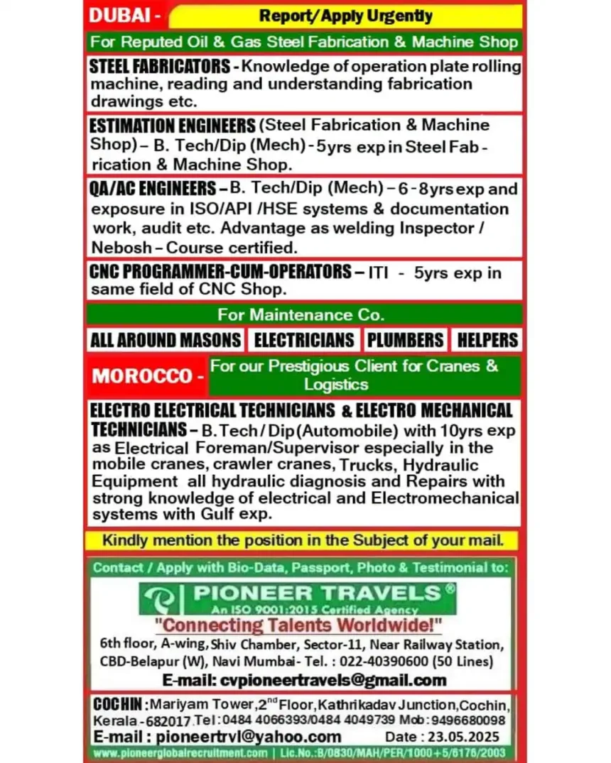 Oil and Gas job vacancies in Dubai and Morocco by Pioneer Travels