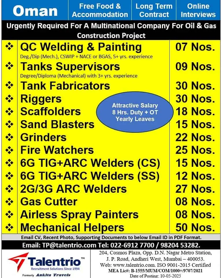 Oil and gas job openings in Oman with free accommodation, food, and long-term Jobs