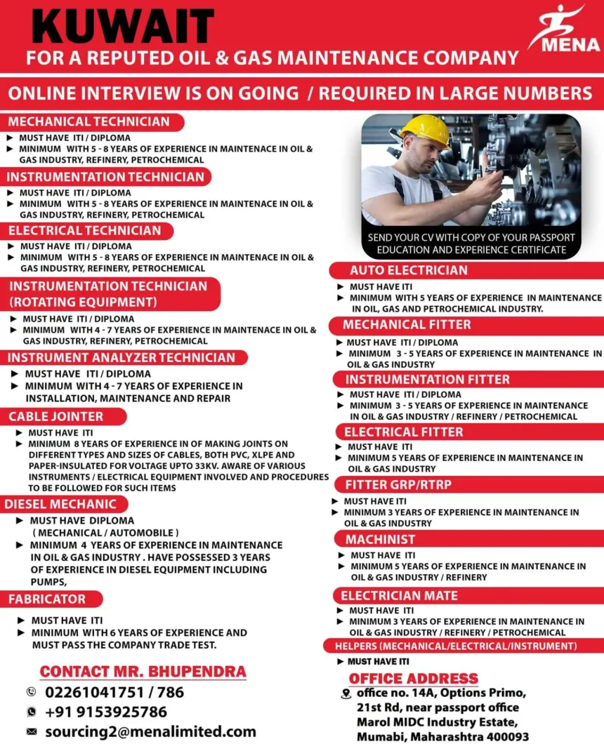 Oil and gas job vacancies in Kuwait for technicians and maintenance roles – recruitment poster with job list and contact details