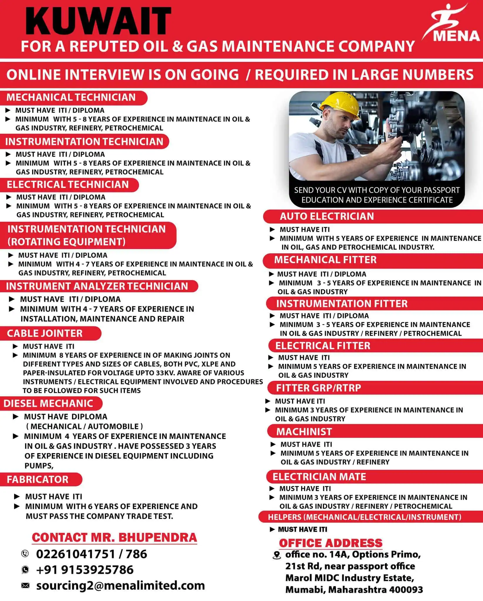 Oil and gas job vacancies in Kuwait for technicians and maintenance roles – recruitment poster with job list and contact details