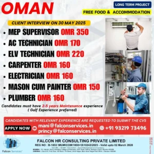 Oman Maintenance Job Openings 2025 – MEP, AC Technician, Electrician, Walk-In Interview 30 May