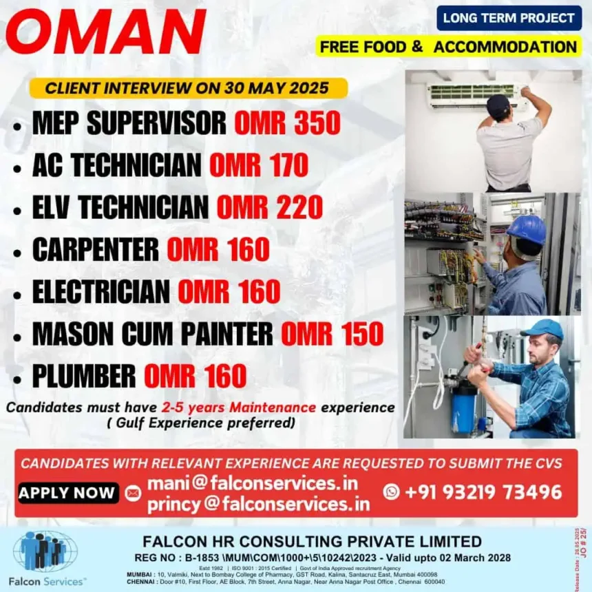 Oman Maintenance Job Openings 2025 – MEP, AC Technician, Electrician, Walk-In Interview 30 May