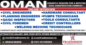 Oman civil construction jobs urgent hiring ad with roles like engineers, technicians, foremen
