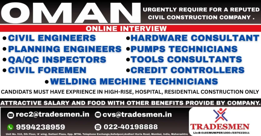Oman civil construction jobs urgent hiring ad with roles like engineers, technicians, foremen