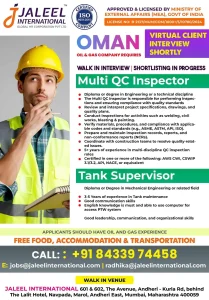 Oman oil and gas job recruitment poster for Multi QC Inspector and Tank Supervisor by Jaleel International