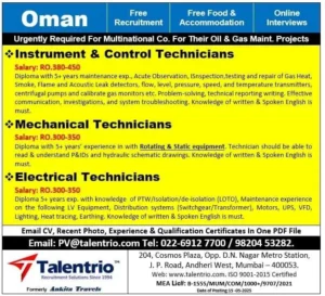 Oman oil and gas technician jobs advertisement with free food and accommodation benefits