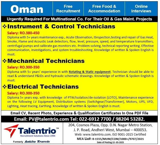 Oman oil and gas technician jobs advertisement with free food and accommodation benefits