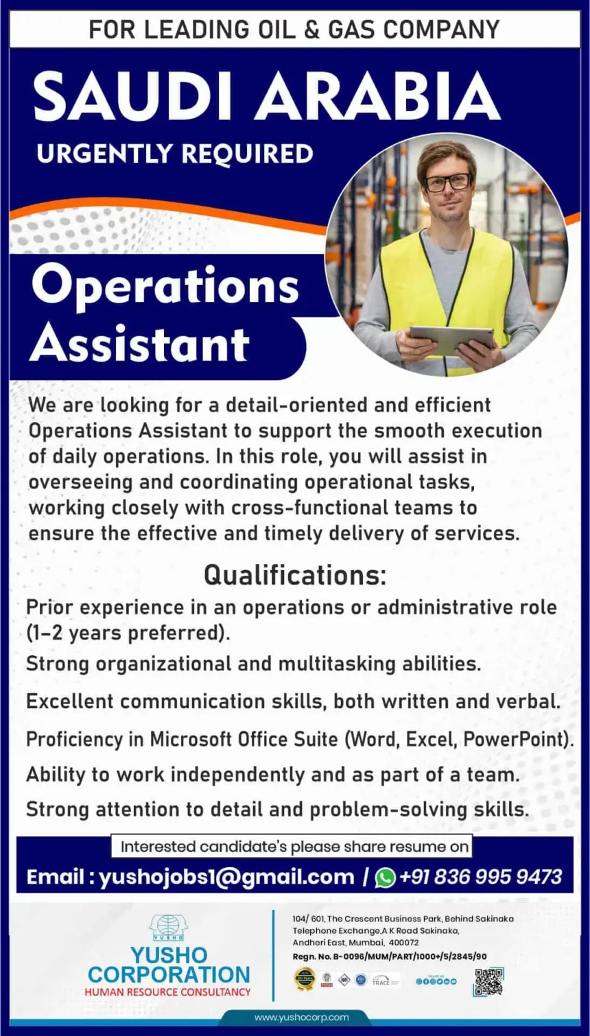 Urgent hiring notice for Operations Assistant jobs in Saudi Arabia oil and gas company by Yusho Corporation