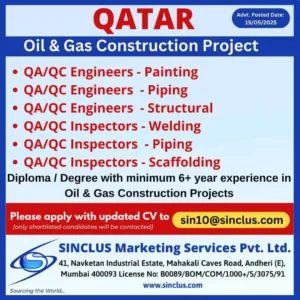 QA QC Engineer and Inspector job openings in Qatar oil & gas construction project - Sinclus Marketing Services Pvt Ltd hiring notice.