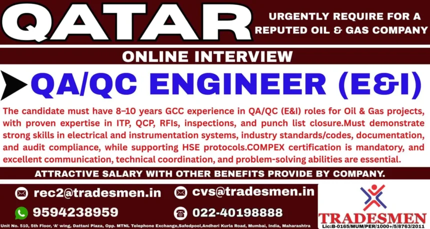QAQC Engineer E&I Job Vacancy in Qatar Oil and Gas Sector 2025