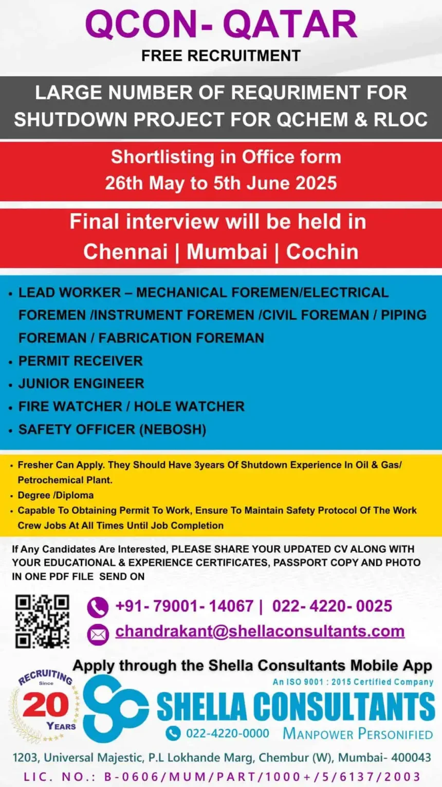 QCON Qatar 2025 Shutdown Jobs Free Recruitment Drive Advertisement