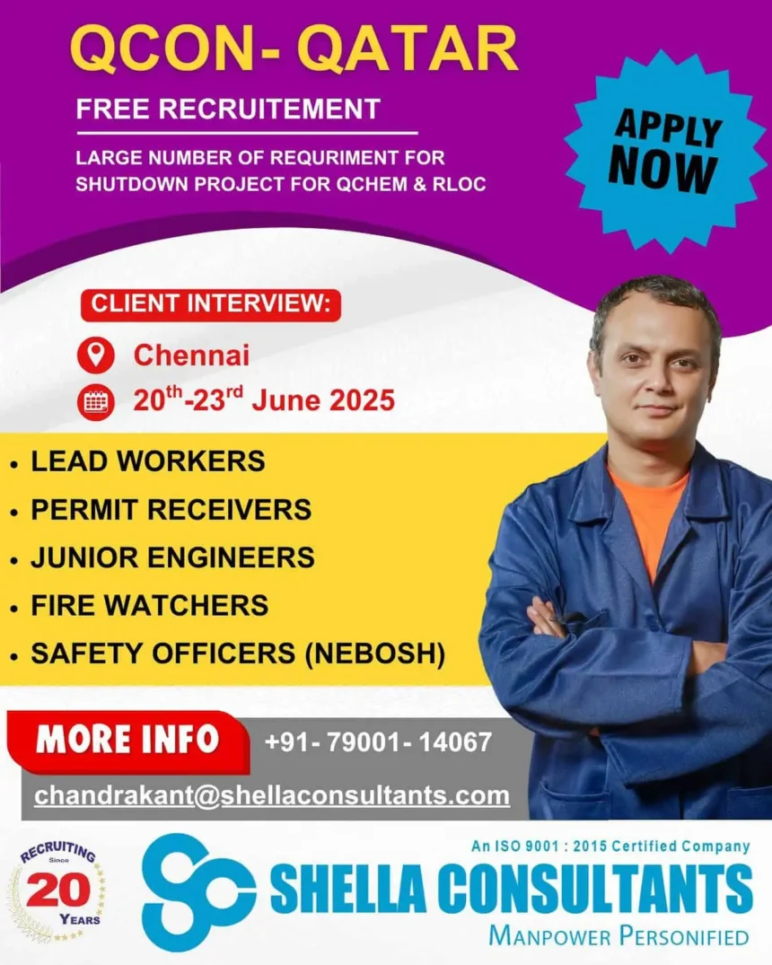 QCON Qatar Free Recruitment 2025 Shutdown Project – Shella Consultants Chennai Interview Poster