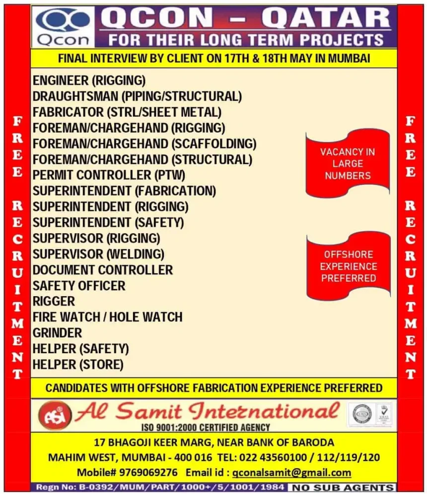 QCON Qatar job interview poster for offshore rigging, fabrication, and safety jobs in Mumbai