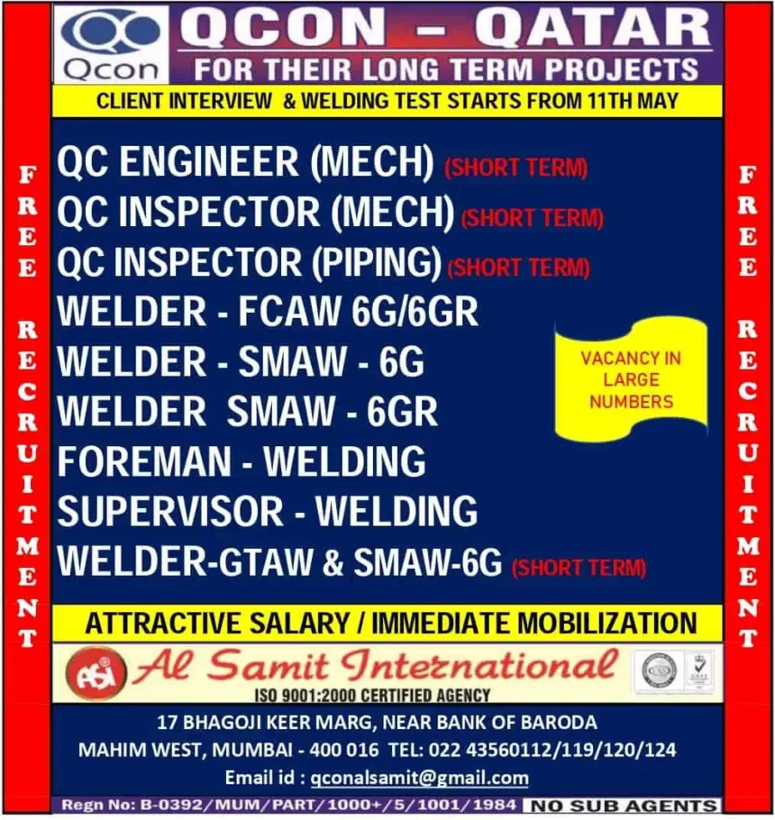 QCON Qatar welding and QC job vacancies May 2025 – free recruitment, short-term positions, client interview starting 11th May
