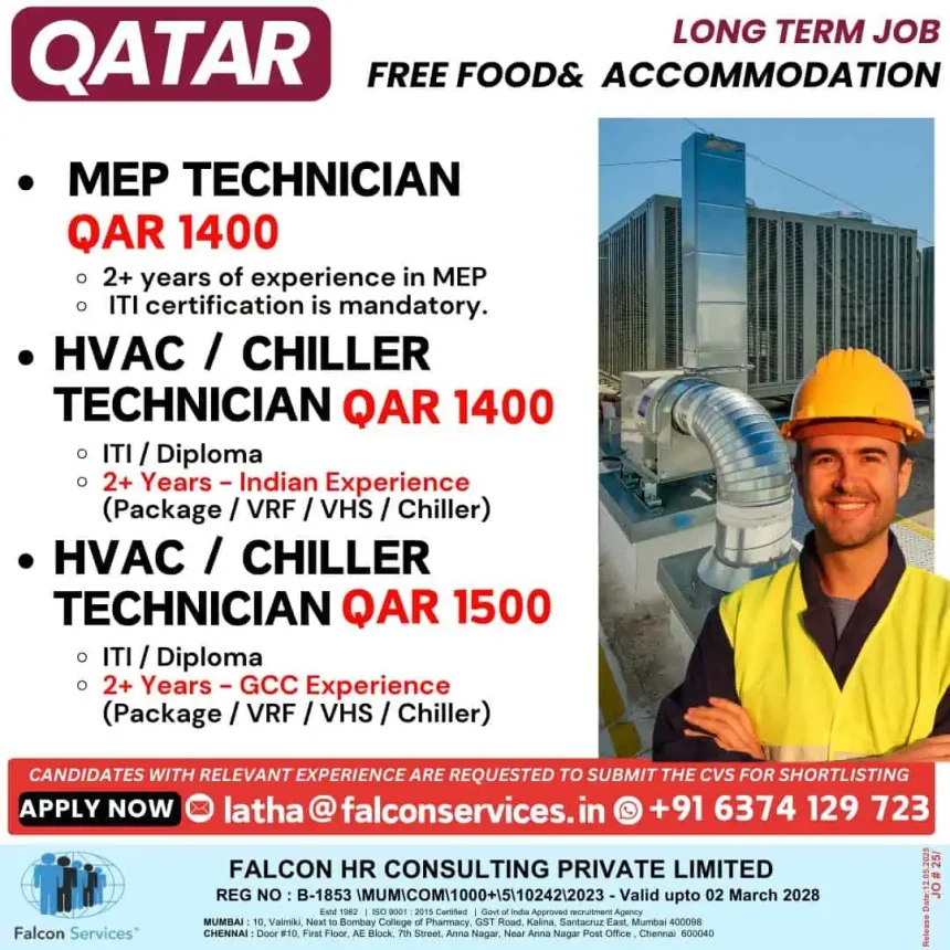 Qatar MEP HVAC Chiller Technician Jobs 2025 with Free Food and Accommodation
