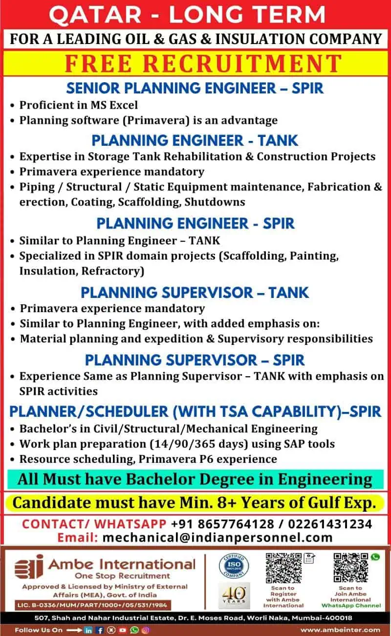 Qatar Oil & Gas Planning Engineer Job Openings 2025 – Ambe International Recruitment