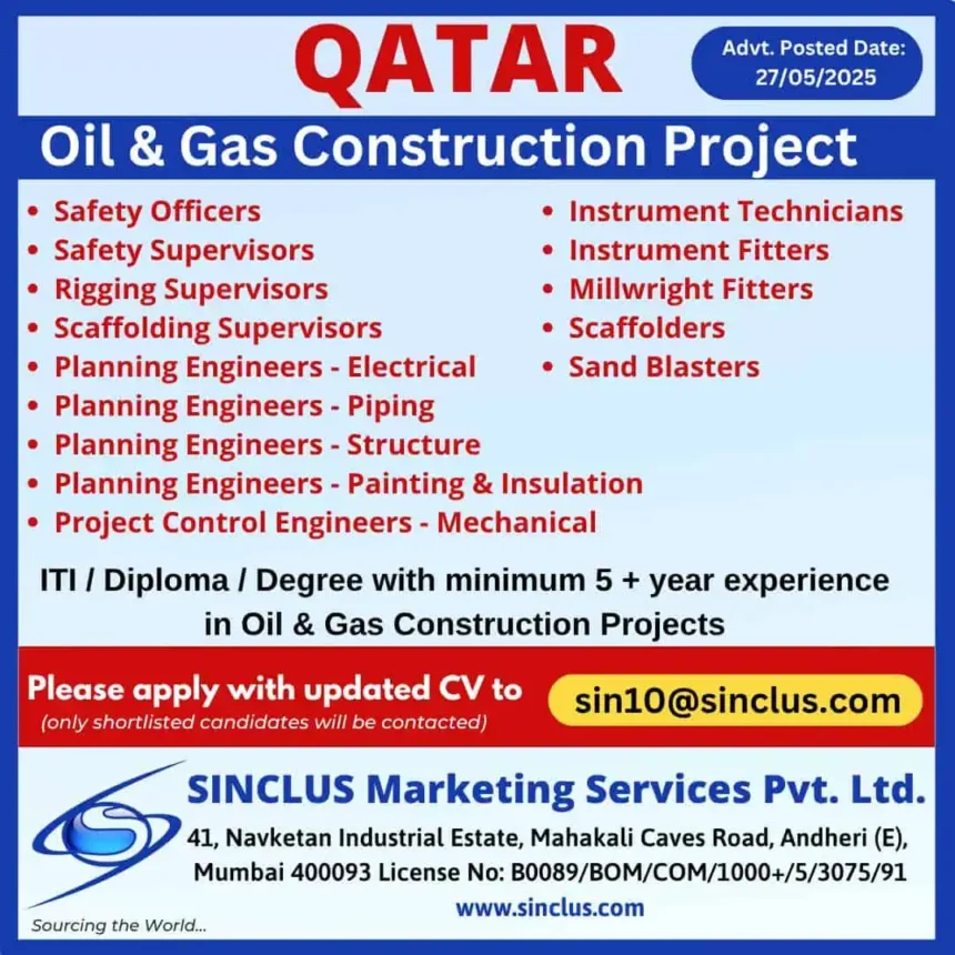 Qatar Oil and Gas Construction Project Job Vacancy Advertisement 2025 by Sinclus Marketing