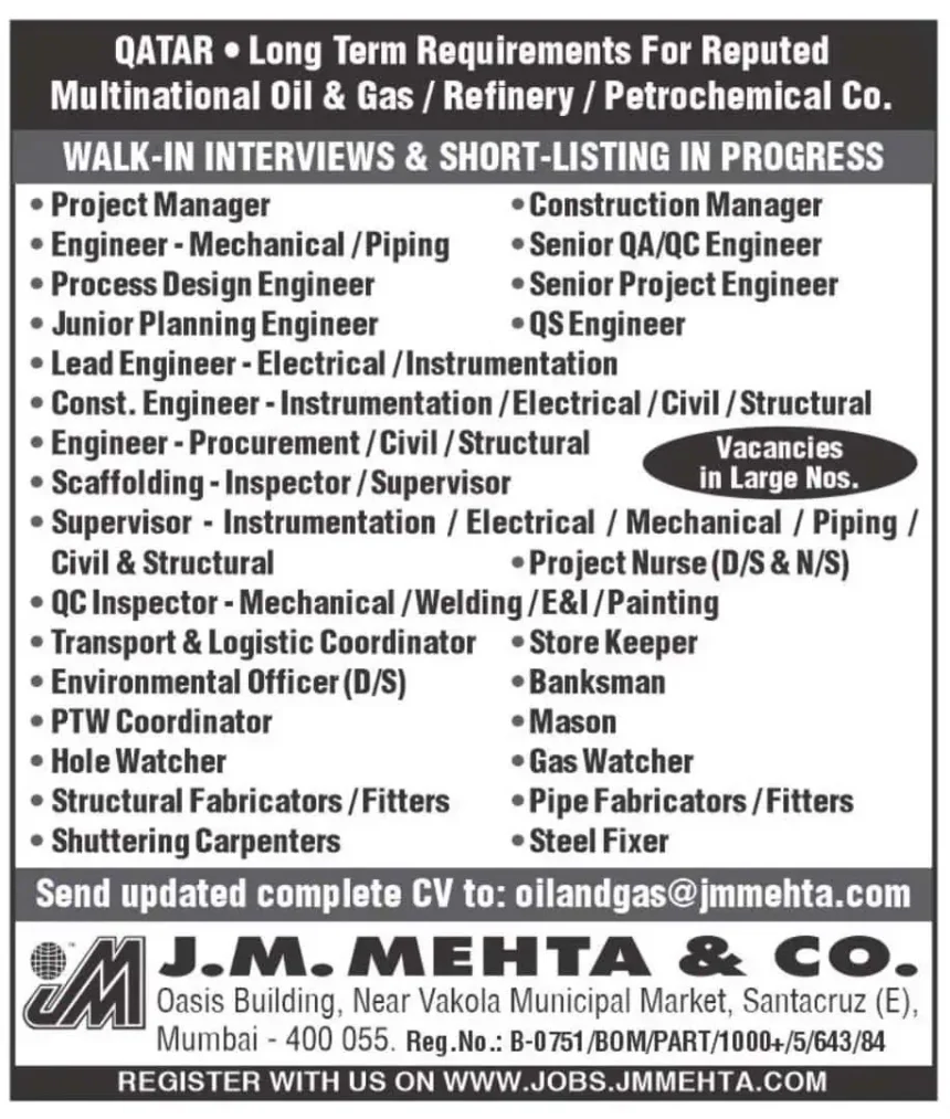 Qatar Oil and Gas Jobs 2025 – Walk-in Interview List for Engineers, Supervisors, Inspectors