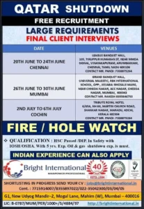 Qatar Shutdown Free Recruitment 2025 – Fire Hole Watch Jobs in India for Oil & Gas Projects
