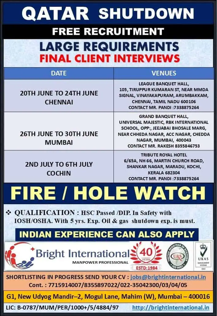 Qatar Shutdown Free Recruitment 2025 – Fire Hole Watch Jobs in India for Oil & Gas Projects