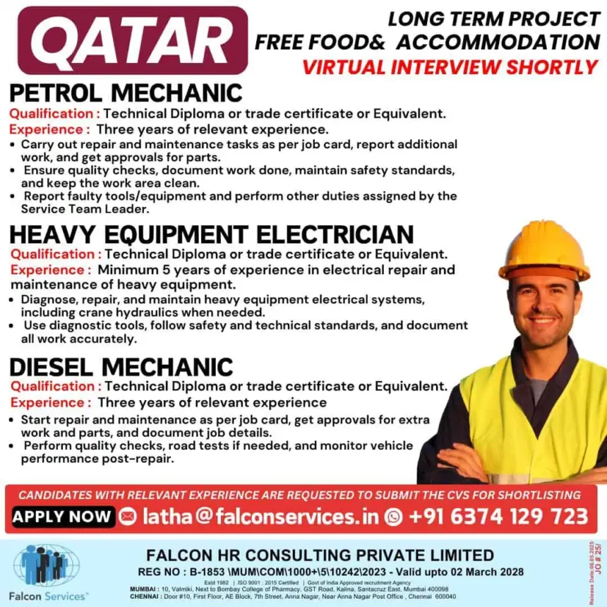 Qatar job vacancies for petrol mechanic, diesel mechanic, and heavy equipment electrician with free food and accommodation.