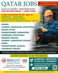 Qatar job vacancies poster for long-term free recruitment with interview details in Vadodara on 26th May