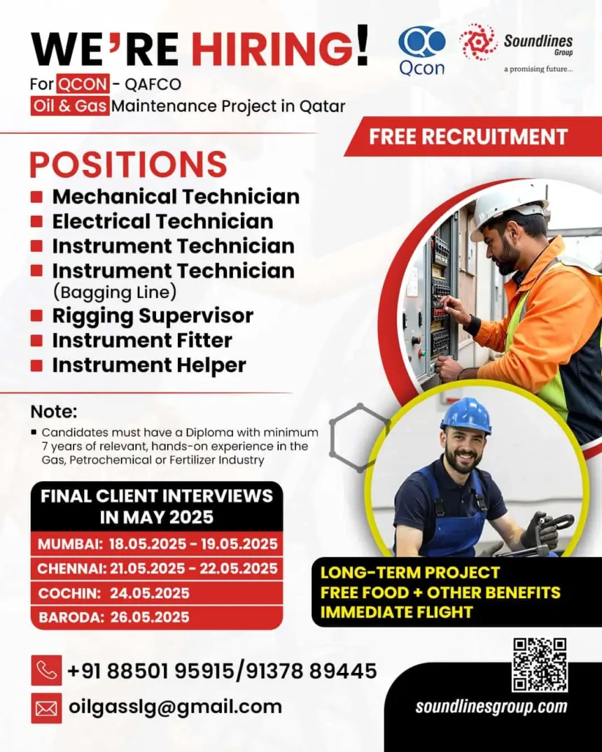 Qatar job vacancy 2025 - oil & gas shutdown jobs for Indians, hiring by Soundlines for QCON QAFCO project.