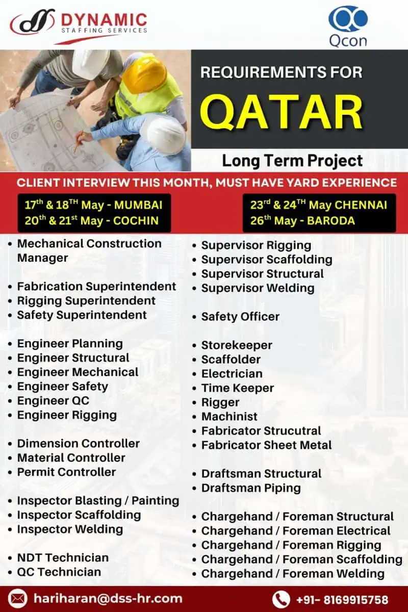 Qatar oil and gas job vacancies May 2025 – Interviews in Mumbai, Cochin, Chennai, Baroda