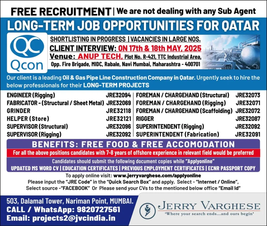 Qatar oil and gas job vacancy 2025 free recruitment poster Mumbai interview