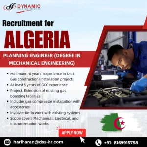 Recruitment for Planning Engineer jobs in Algeria with mechanical engineering degree – Oil & Gas project vacancy for Indian professionals